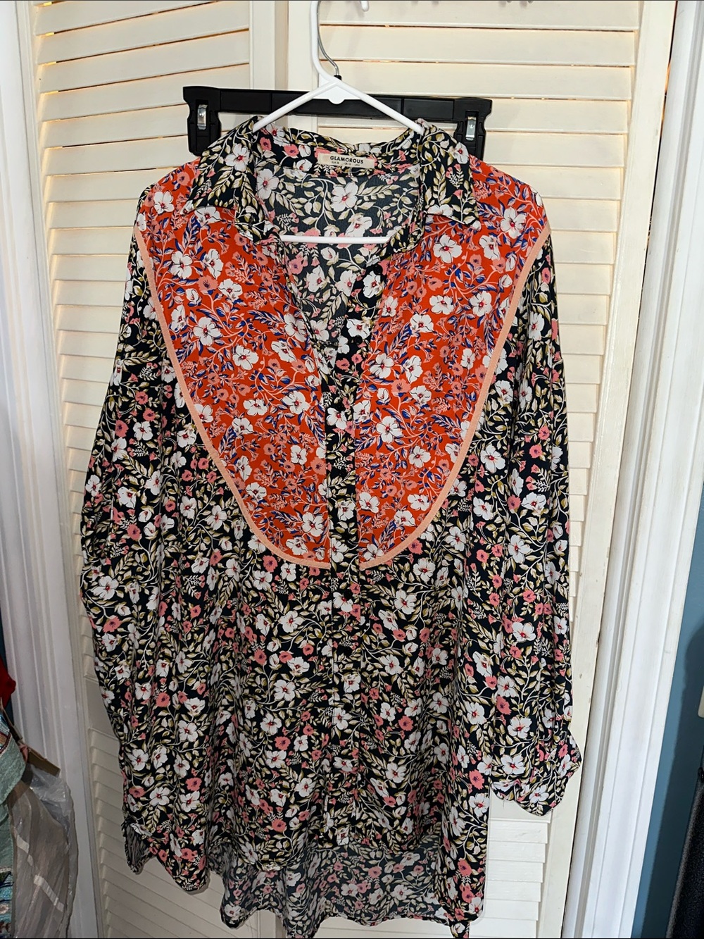 Glamorous Black Floral Tunic with Orange Contrast Yoke